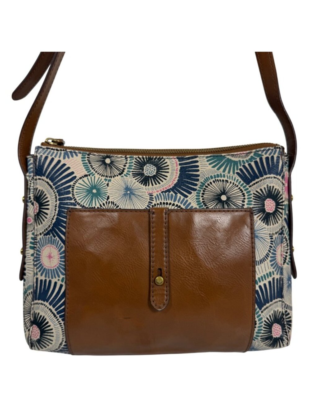 Vintage FOSSIL 1954 Mini Calypso Multicolor Blue Coated Canvas/PVC Crossbody Bag